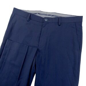 Hart Schaffner Marx Mens Dress Pants 34x30 Navy Blue Wool Blend Flat Front 18930
